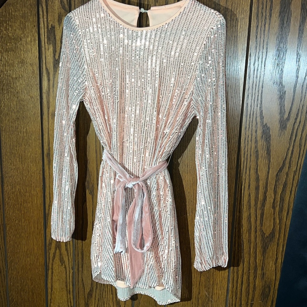 CUPSHE pink sequin long sleeve dress with velvet waist tie
